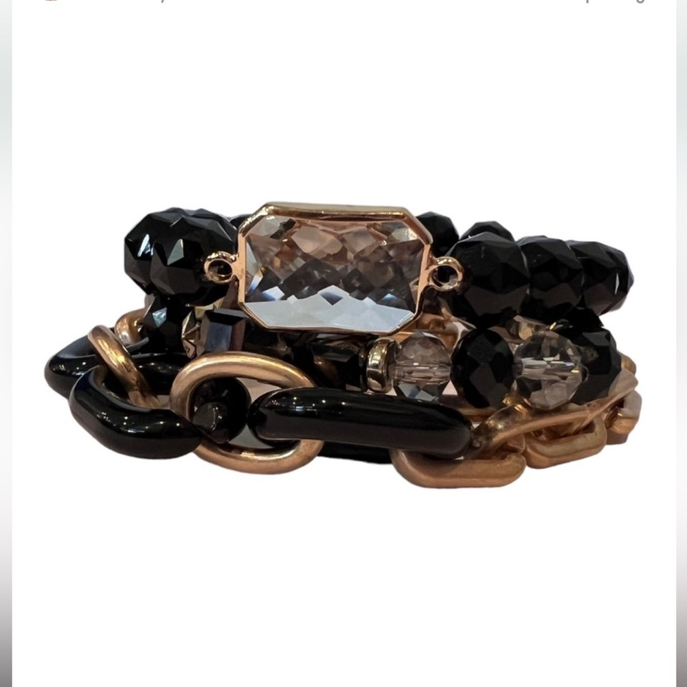 Three Strand Black and Gold Beaded/Chainlink Gem Stretchy Bracelet Set